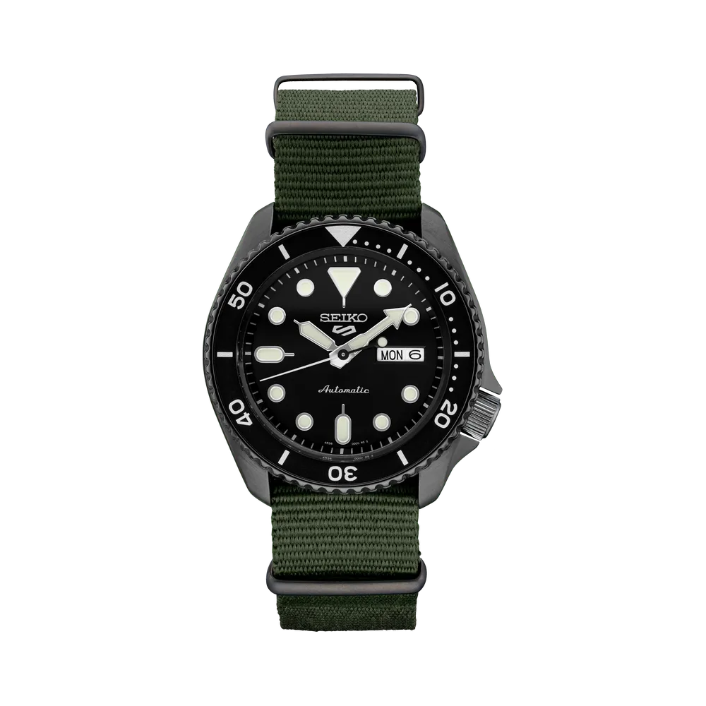 Seiko SRPD91 5 Sports Automatic Black Dial Green Nylon Strap - Soldier View